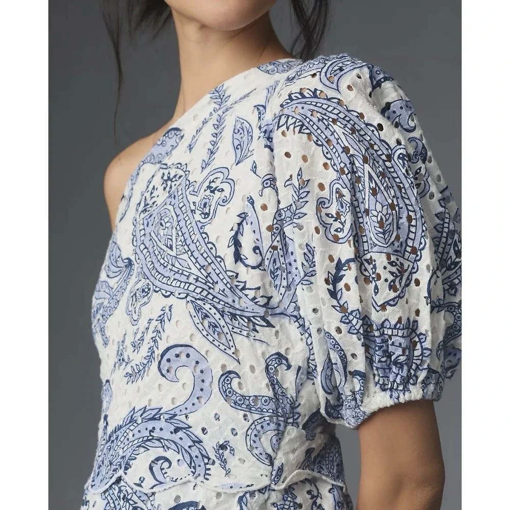 Farm Rio $258 One Shoulder Eyelet Midi‎ Dress White Blue Asymmetric Boho Resort